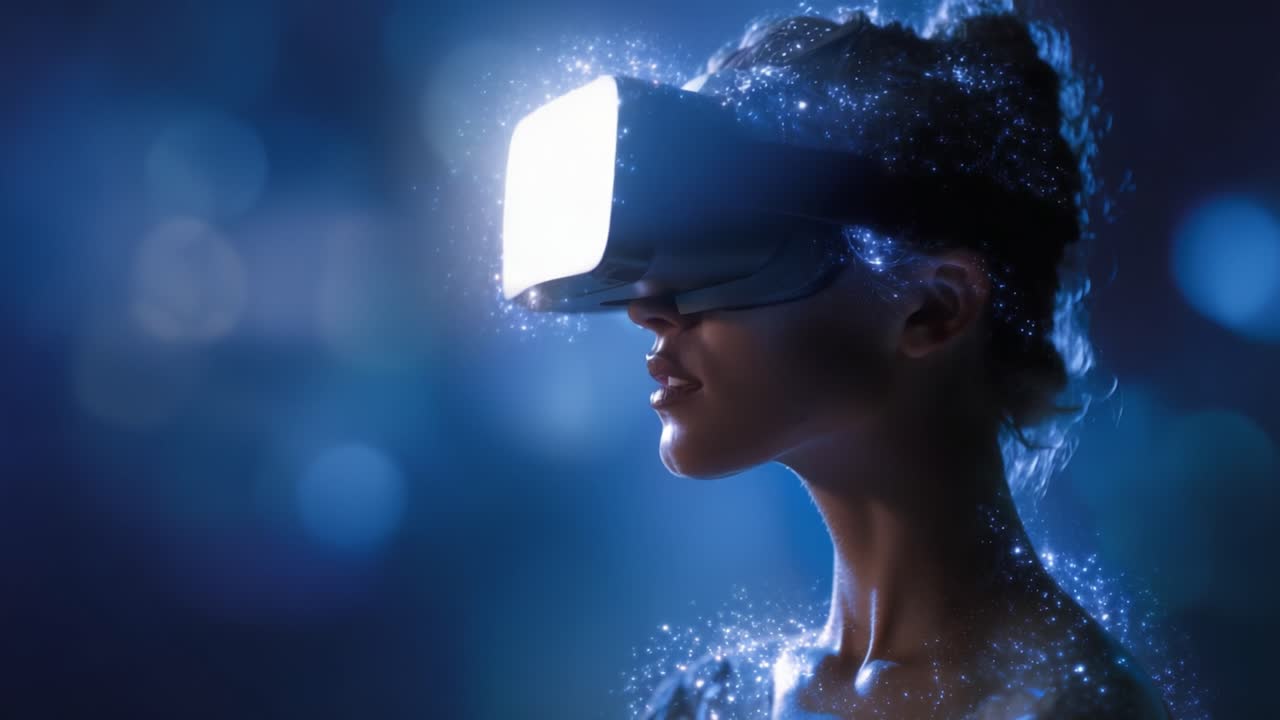 Esperienza di realtà virtuale immersiva: un'utente interagisce con incantevoli mondi digitali, circondata da scintille eteree e luce cosmica in un'ambientazione mistica