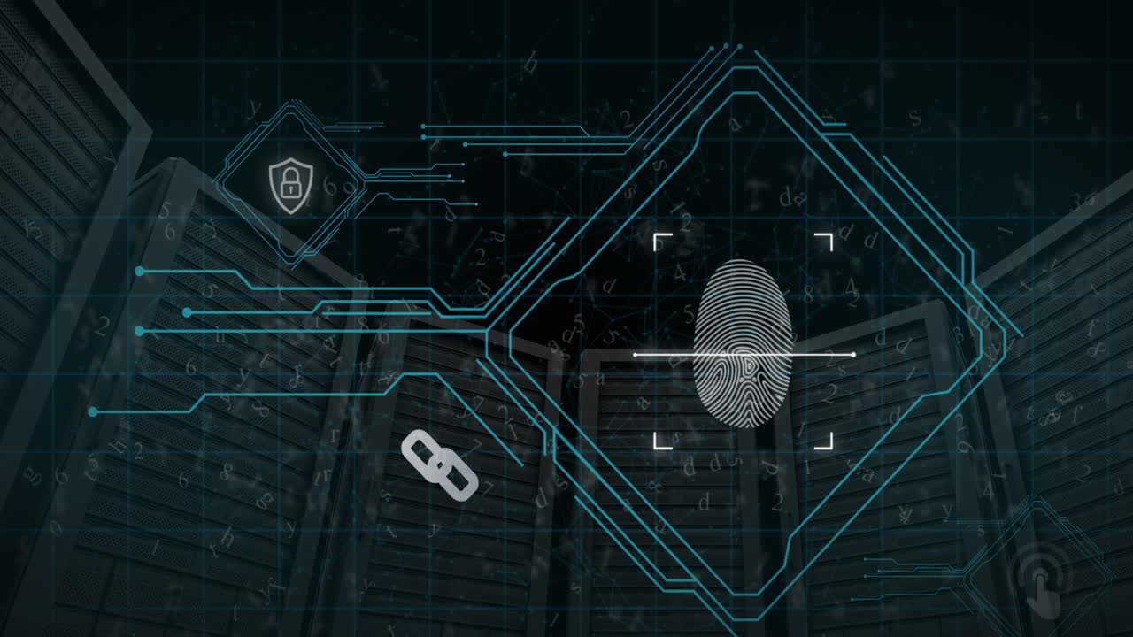 Animation of scanning fingerprint, padlock, numbers, letters and connected dots over server racks