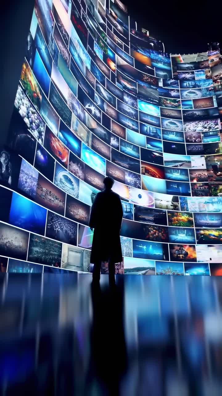 Silhouette di una persona di fronte a una parete curva di schermi video, ripresa da un'angolazione bassa
