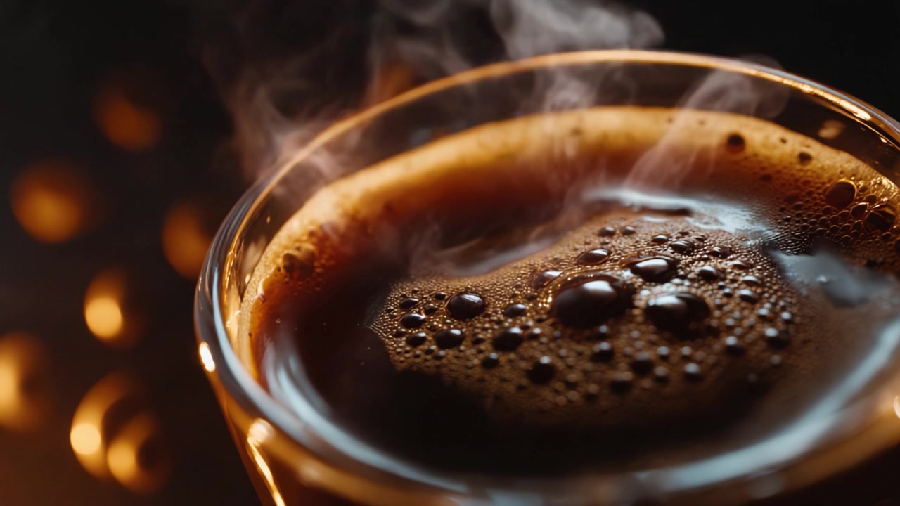 Et nærbillede af friskbrygget kaffe med damp og bobler, der stiger op fra overfladen, og fanger den rige aroma og mørke farve i et smukt glaskrus