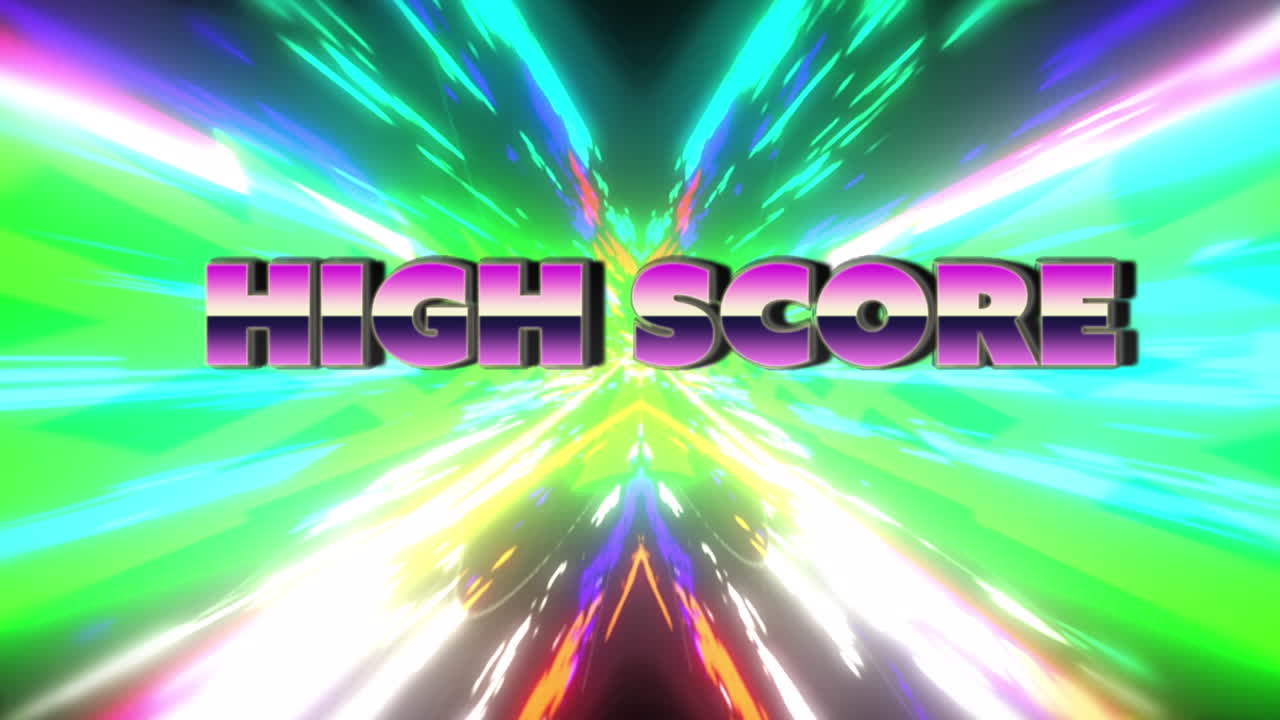 애니메이션 높은 점수 텍스트를 검은 바탕에 다채로운 추상 패턴 위에