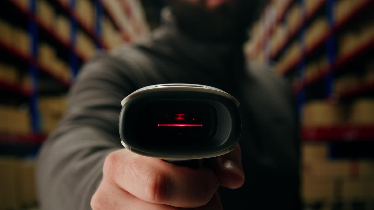 Scanner scan delivery box in storage, E-commerce shop, man packing goods and clothes second hand delivery market, courier Packaging and Shipping Workspace with Supplies and Technology, online sales.