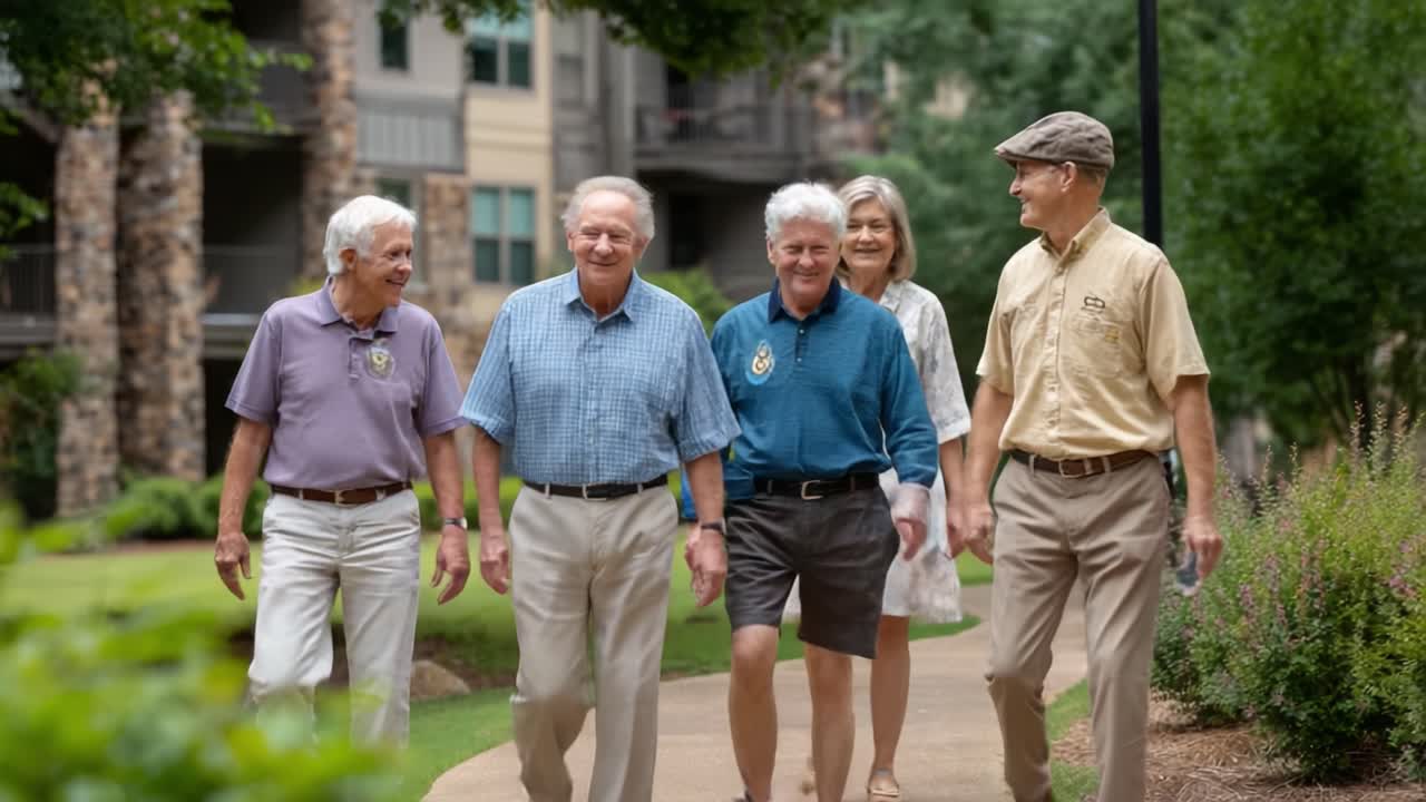 A Group of Friends Enjoying a Leisurely Walk Together in a Peaceful Community Environment, Emphasizing Friendship, Laughter, and Connection Among Seniors
