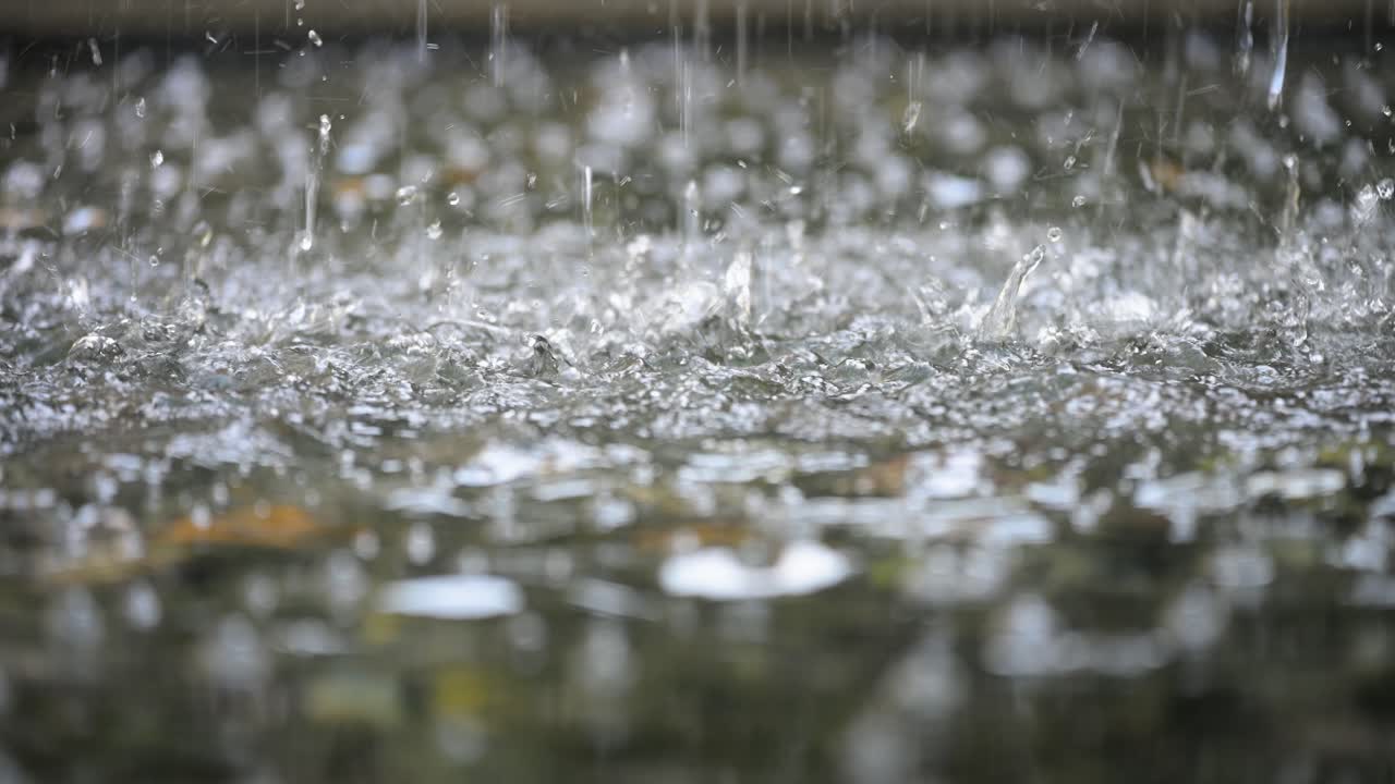 An abstract close-up of water in motion. Heavy drops of rain create a chaotic, dynamic texture of splashes and circular ripples on the surface of a pond or stream