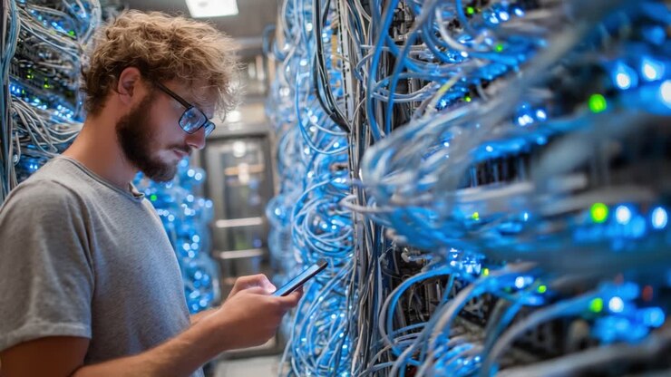 Un tecnico valuta le prestazioni della rete circondato da server rack illuminati, mostrando le complessità della tecnologia moderna e della connettività