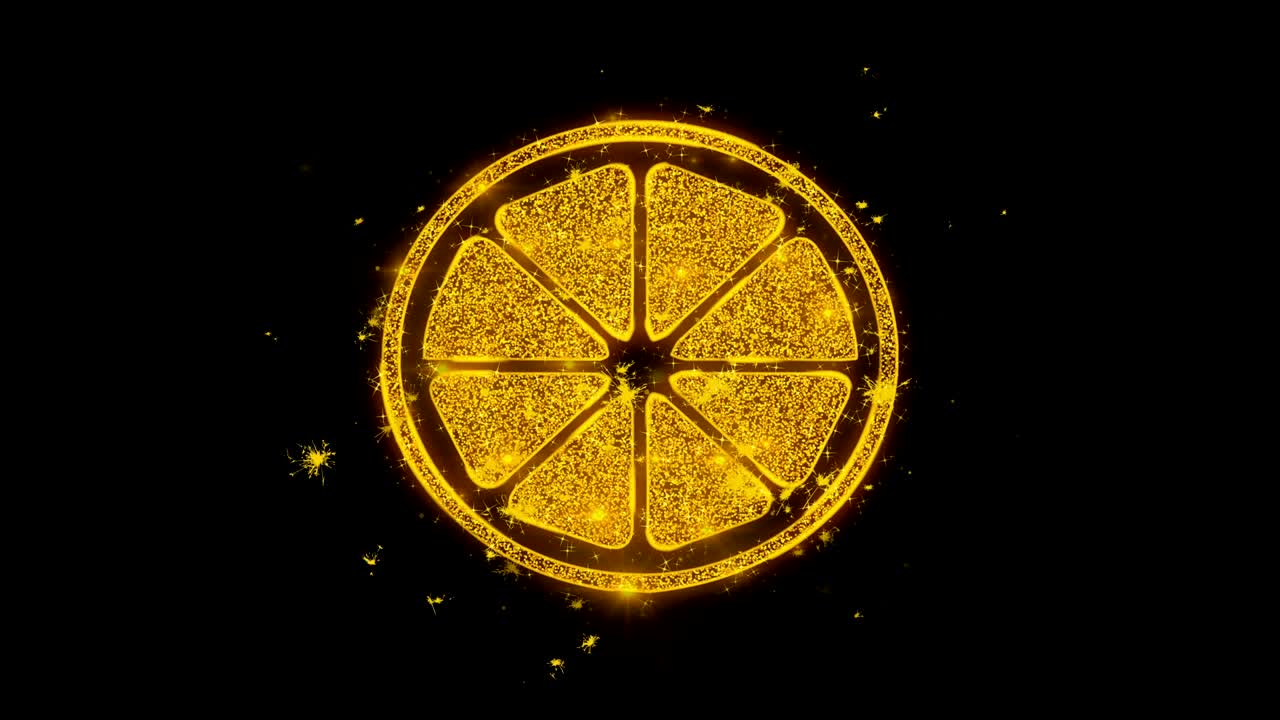 레몬 과일 아이콘은 검은 바탕에 입자를 불꽃으로 만니다.