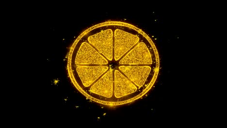 lemon fruit icon sparks particles on black background.