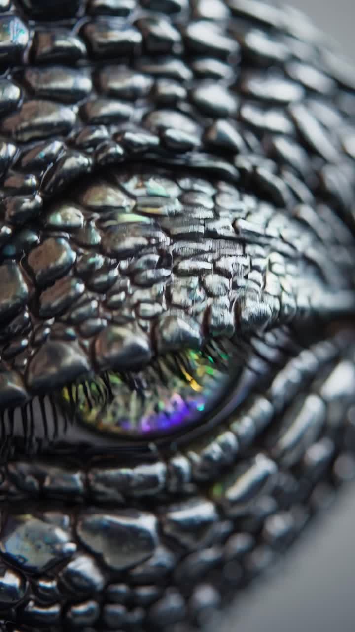 Close-up of a reptilian eye with vibrant purple and green hues, showcasing a sci-fi concept