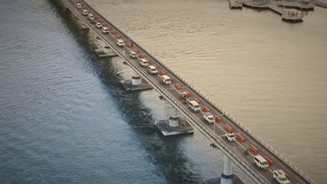 single lane traffic congestion on the san juanico bridge in tacloban.