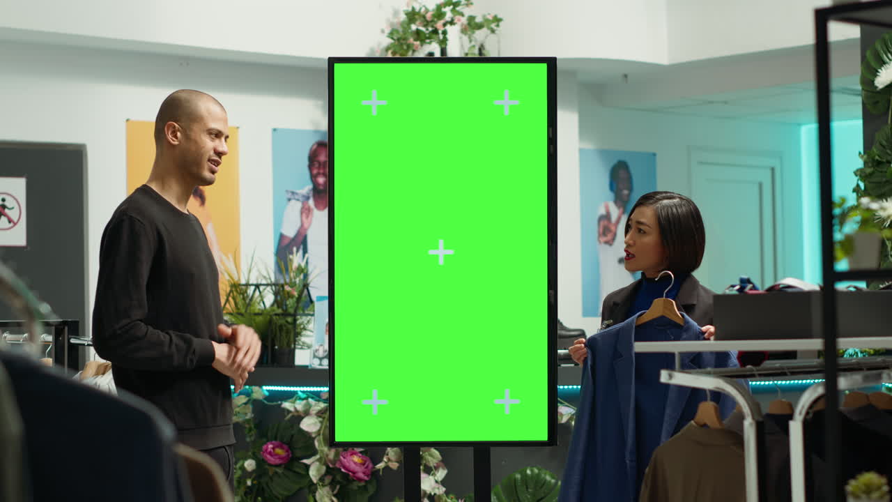 그린 스크린 기술로 의류 가게에서 고객 상호 작용