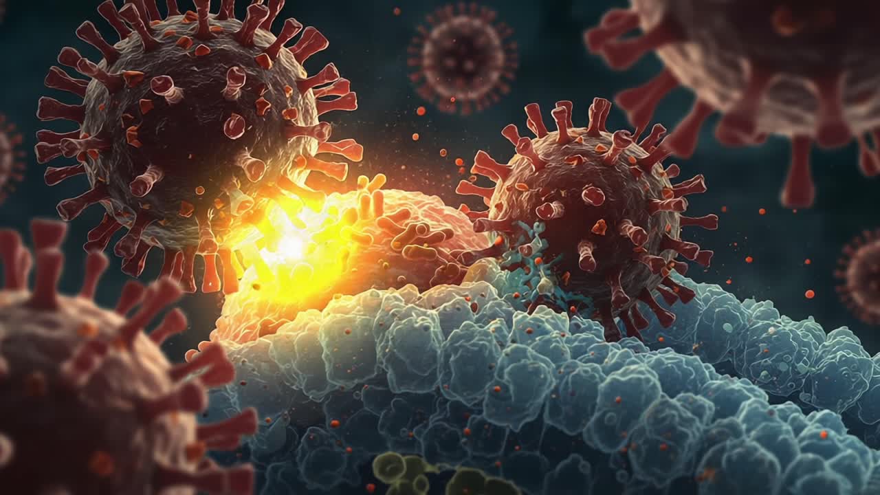 Un'intricata rappresentazione visiva dell'attività virale: primo piano delle interazioni del virus con le cellule ospiti, che evidenzia i meccanismi di infezione e la risposta immunitaria