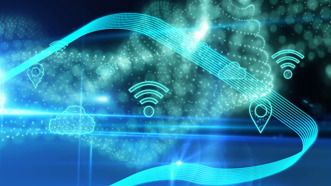 animacja ikon chmury i wi-fi nad zieloną siatką machającą.