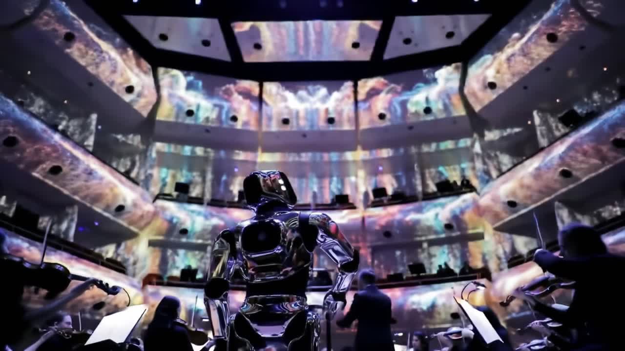 A Stunning Fusion of Technology and Art: A Futuristic Robot Conductor Leads an Orchestra Beneath a Cosmic Display of Colorful Visuals and Harmonious Melodies