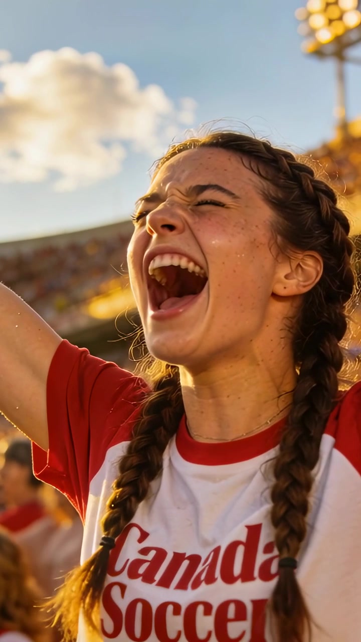 Video vertical: Aficionada animando reaccionando a un gol en el campo en el estadio, con una camiseta de Canada Soccer.