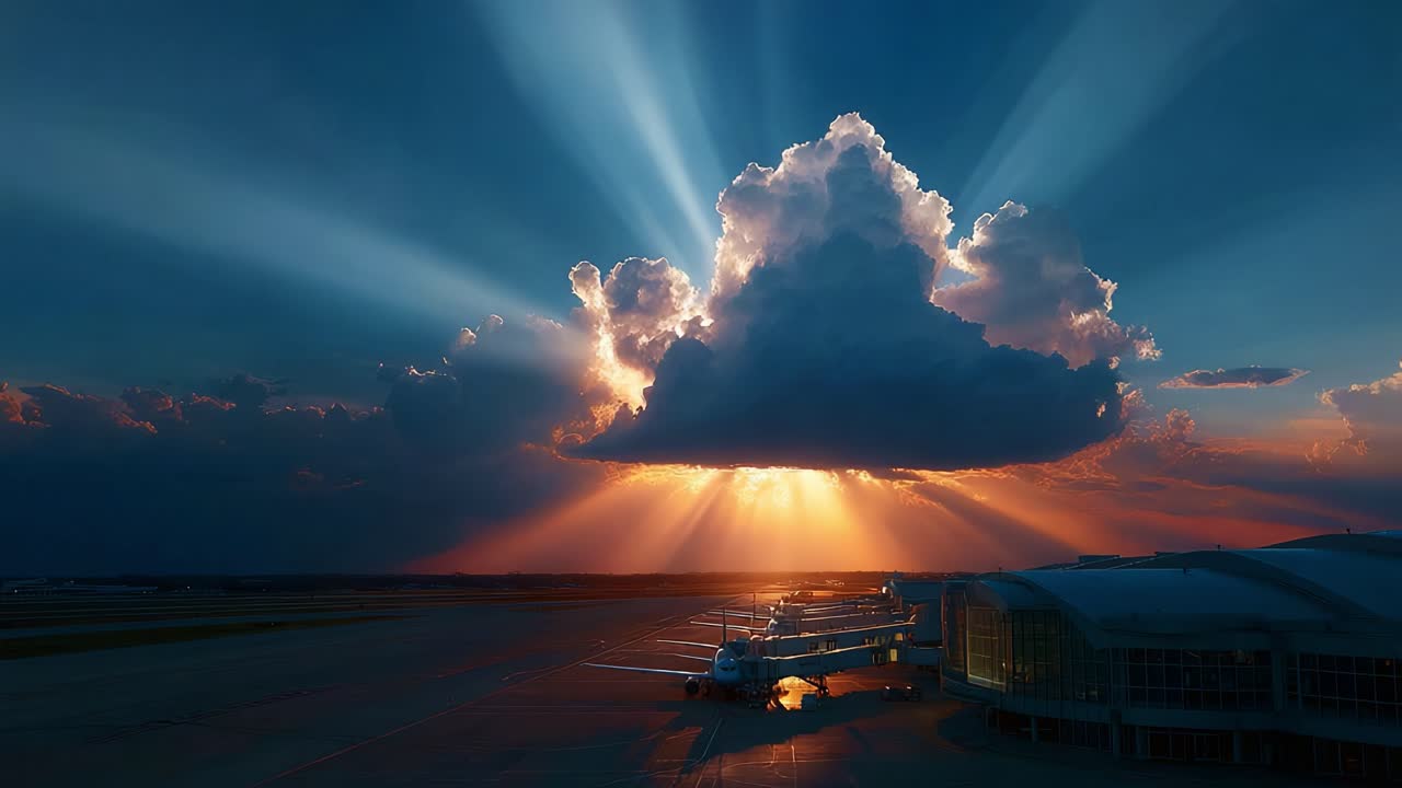 Breathtaking Airport Sunset: A Stunning Display of Light and Color as the Sun Rays Break Through Clouds, Featuring Aircraft Positioned on the Tarmac Against a Dramatic Sky