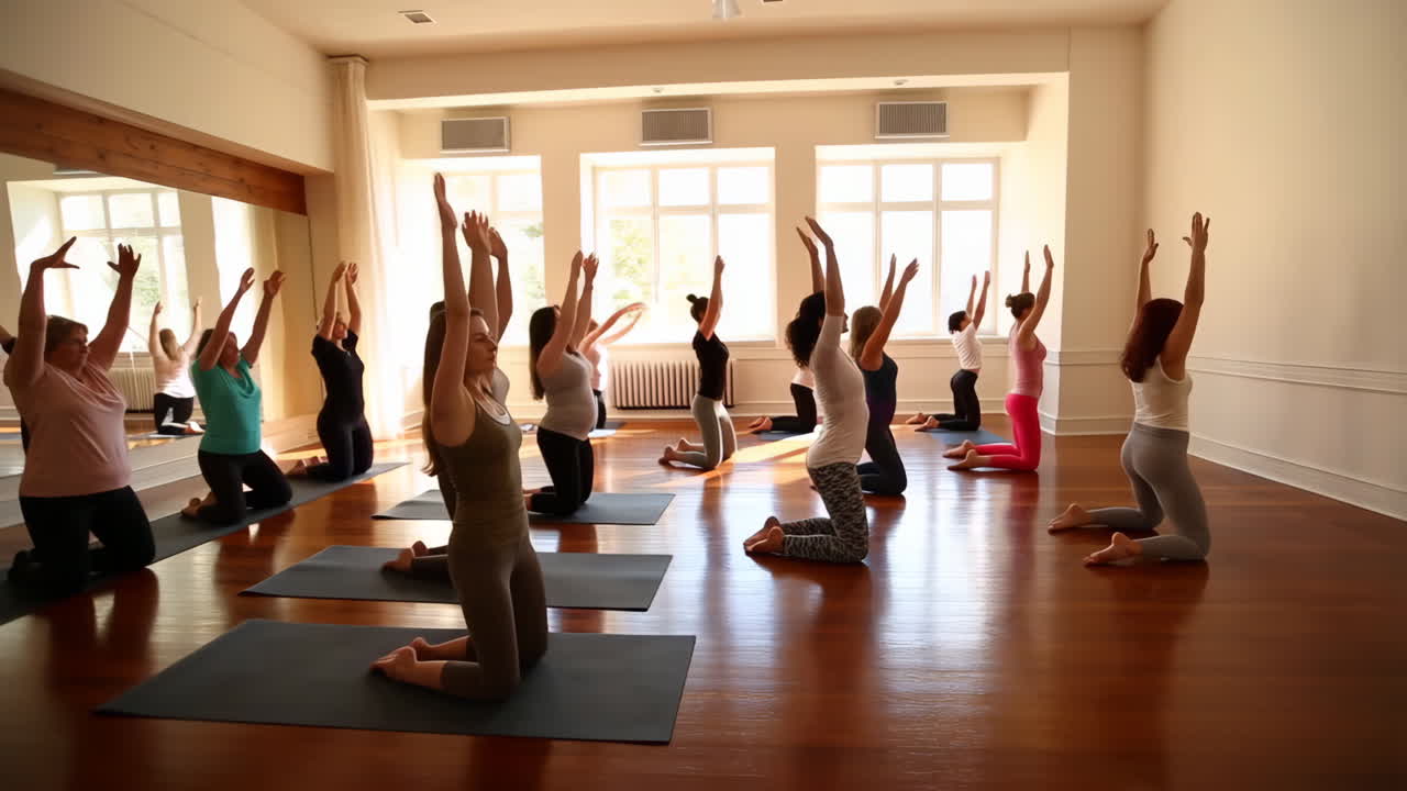 Group Yoga Session in a Bright Studio