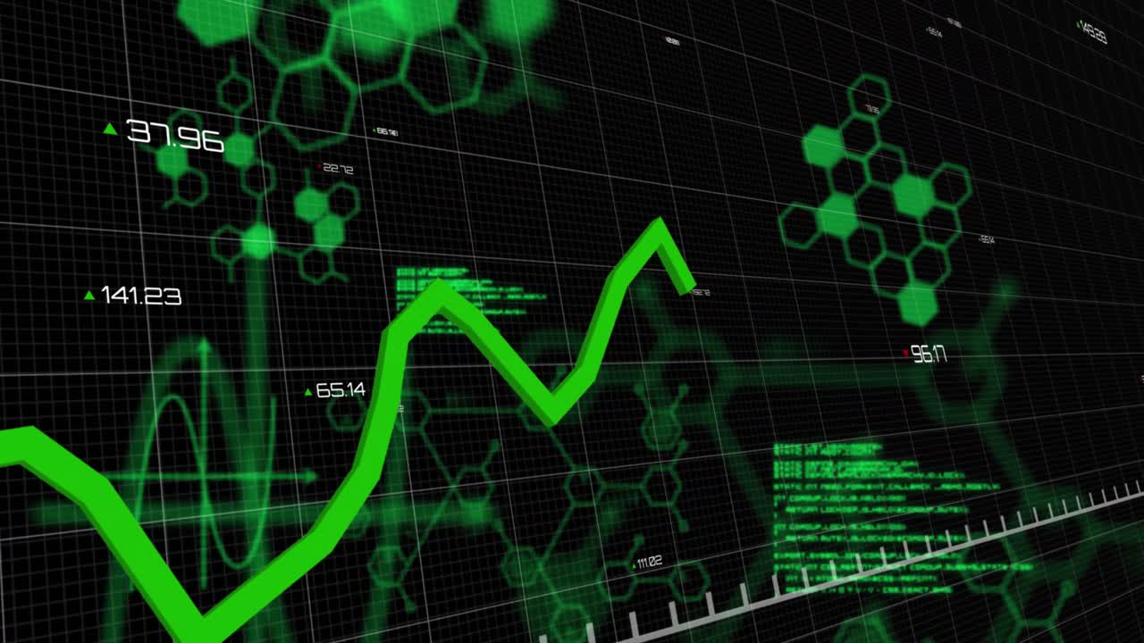 gráficos verdes en movimiento y procesamiento de datos contra un fondo negro