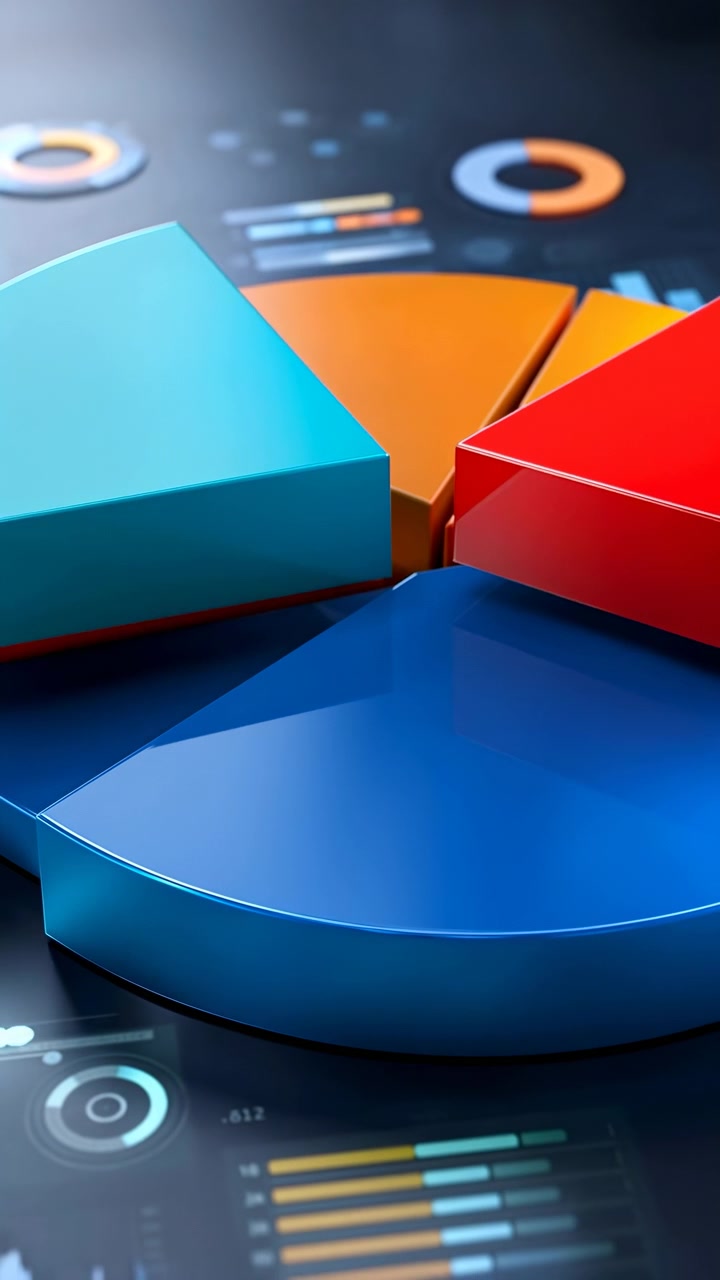 Glossy chart wedges move outward from center in sequence over reflective interface filled with circular diagrams, horizontal bars and small metric graphics under cool blue highlights.
