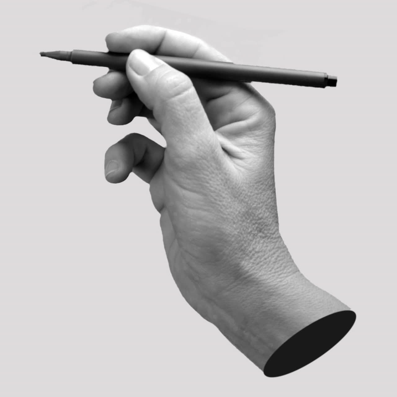 Mano umana che tiene una penna in bianco e nero