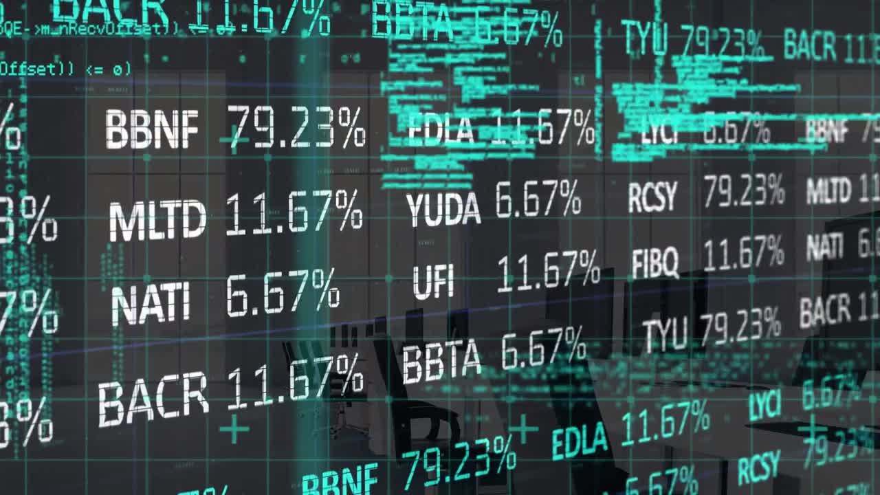 Animation of data processing and stock market over office