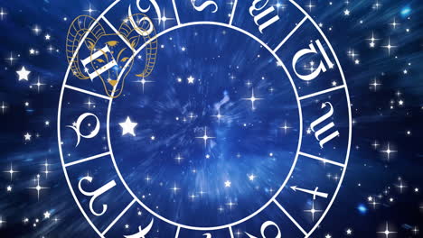 animation of horoscope symbols over stars on blue background