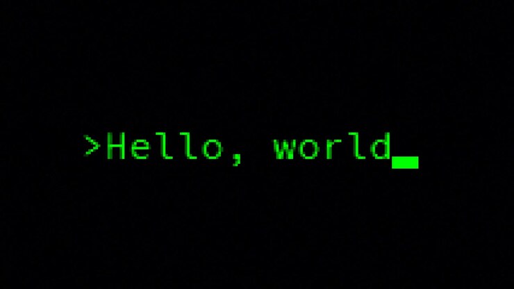 Typing the classical programmers' greeting message, Hello World, on a computer terminal