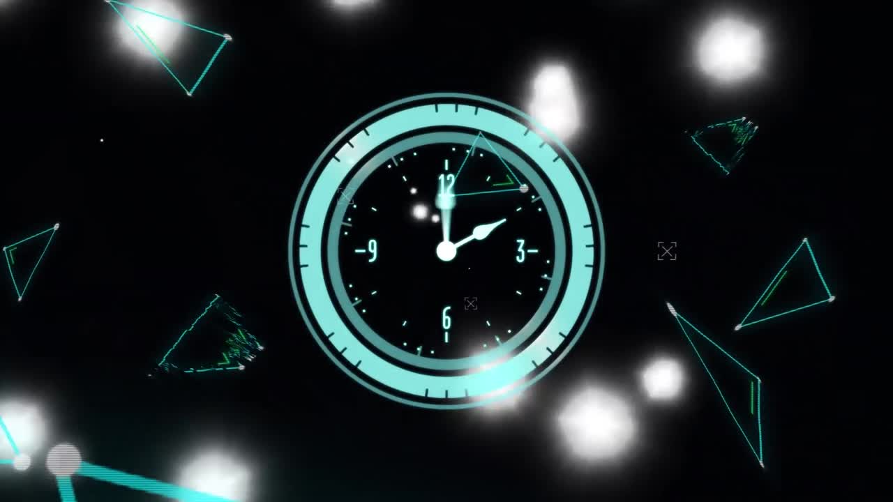 Animation of digital clock over circles against geometric shapes on black background