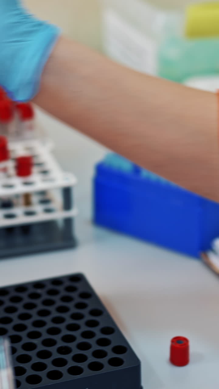 Hands of professional laboratory technicians working with many vials of liquid. Sterile table with different racks with test tubes of blood sample in the medical laboratory. Vertical video