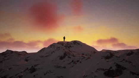 a person standing on top of a snow covered mountain with a sunset in the background. cold snowy landscape aerial view, unreal 4k a screenshot