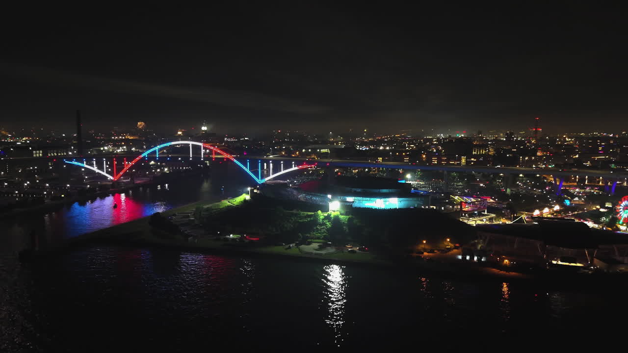 Aerial view of night light and fireworks in Milwaukee, evening in Wisconsin, USA