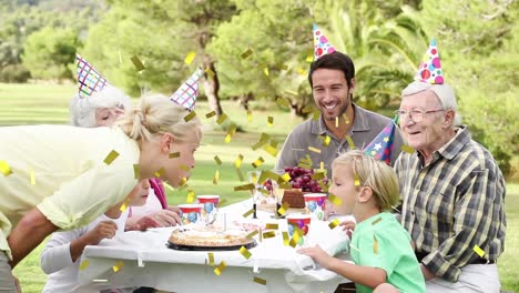 animation of confetti falling over happy family at birthday party