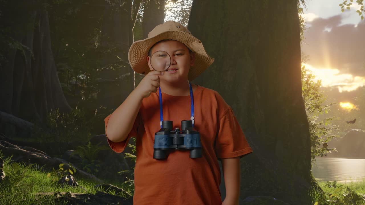 niño asiático con sombrero y binoculares mirando a través de la lupa examina algo mientras explora la naturaleza del bosque. niño investigador, concepto de aventura de turismo de viaje