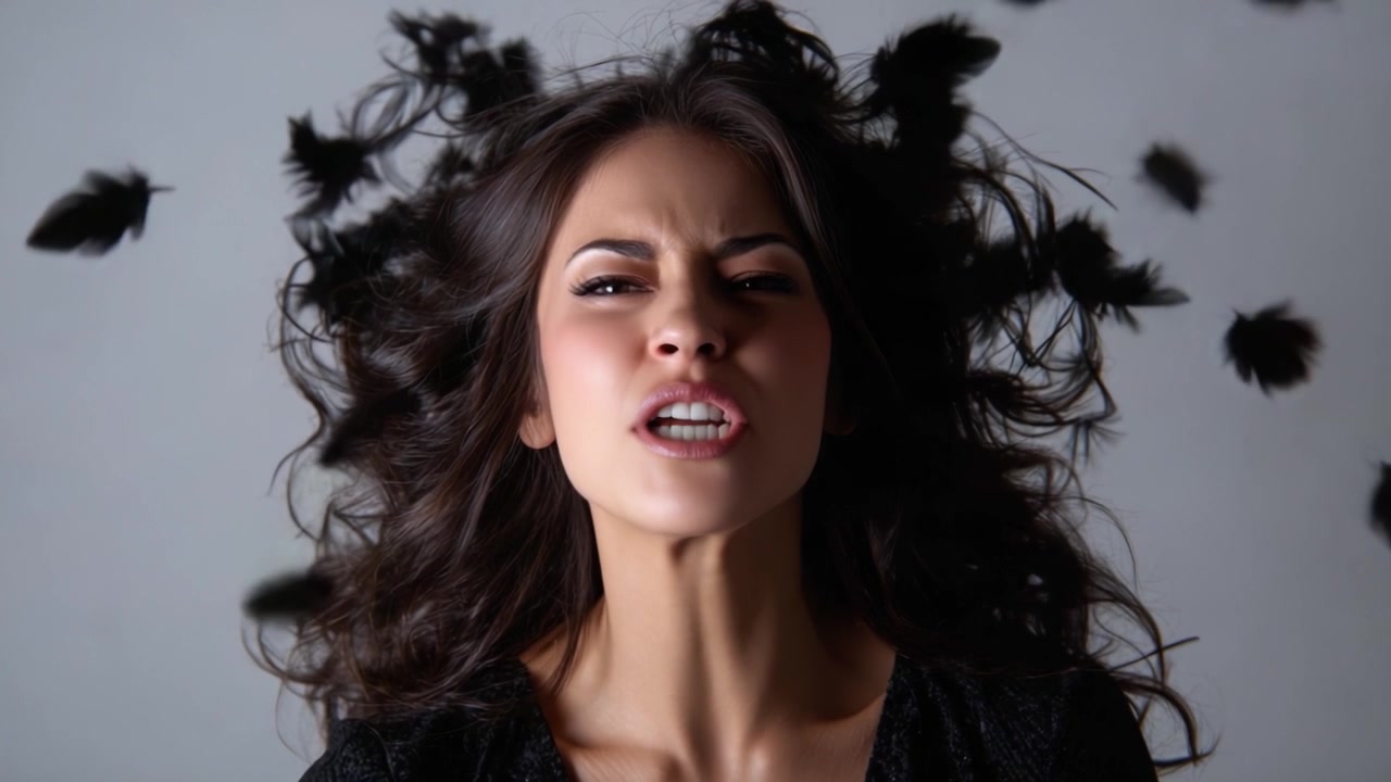 Momento espressivo: una giovane donna che urla in una scena drammatica con i capelli fluenti, circondata da piume scure, catturando emozione pura e intensità nell'immagine.