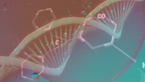 Animation-Von-Blasen-über-DNA-Strang-Und-Chemischer-Formel-Auf-Blauem-Hintergrund