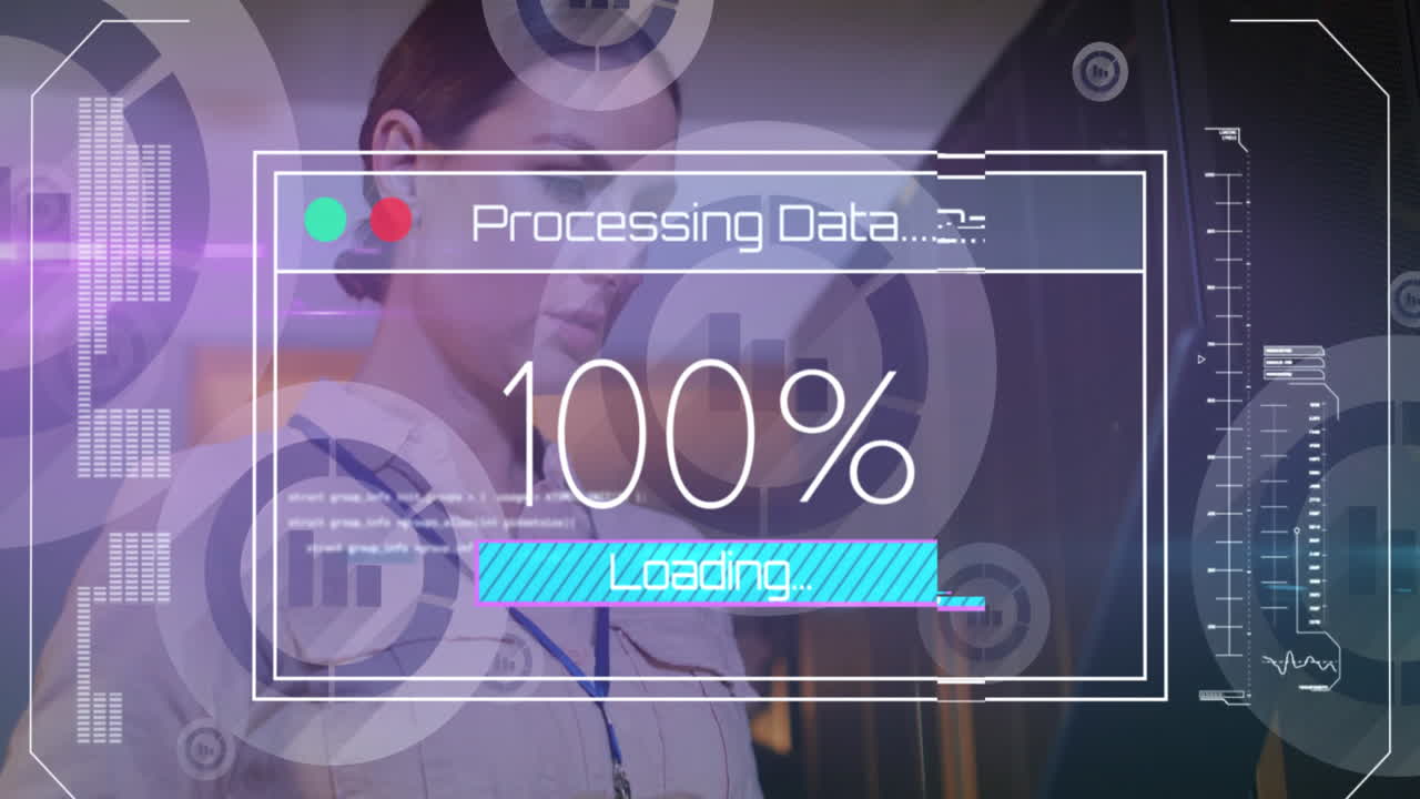 컴퓨터 서버에 의해 노트북으로 코카시안 여성 it 엔지니어에 대한 데이터 애니메이션