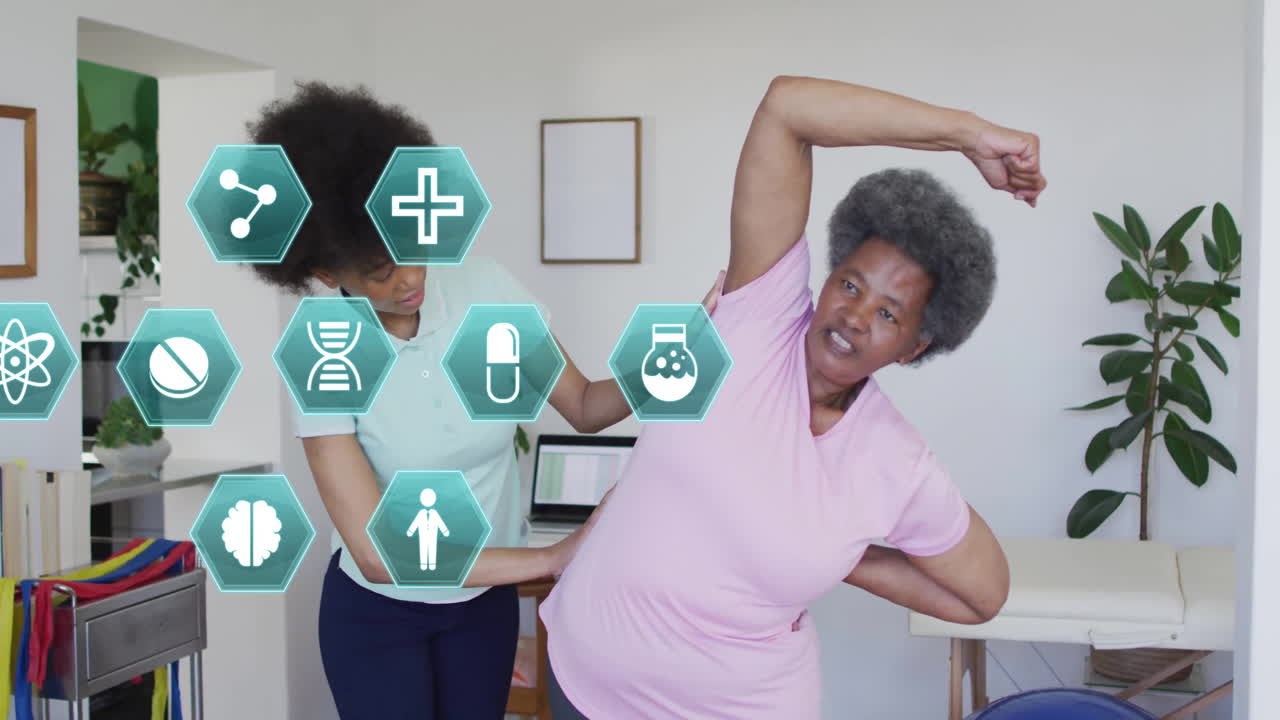 Stretching exercises, elderly woman with healthcare animation overlay in background