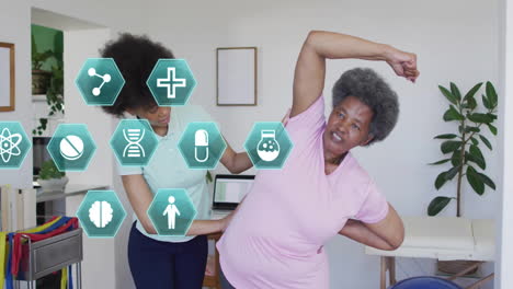 stretching exercises, elderly woman with healthcare animation overlay in background