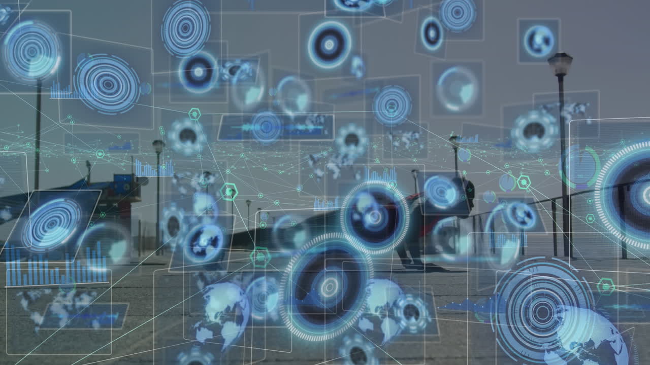 프레스 업을 하는 사람, 야외 운동을 하는 사람 위의 데이터 처리 애니메이션