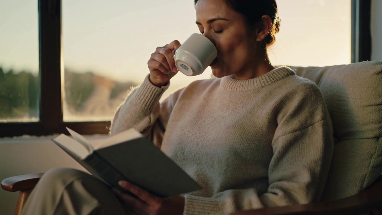 Olhando para a caneca, mulher com suéter claro levantando a caneca, bebendo enquanto lê livro perto da janela, franzindo a testa.
