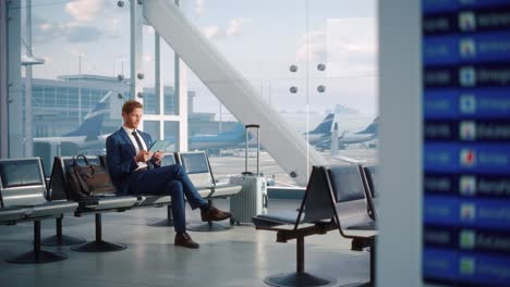 airport terminal flight wait: businessman uses digital tablet computer app for e-business, browsing internet. traveling entrepreneur remote work online, sitting in boarding lounge of airline hub