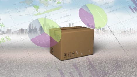 animación del procesamiento de datos sobre caja y paisaje urbano