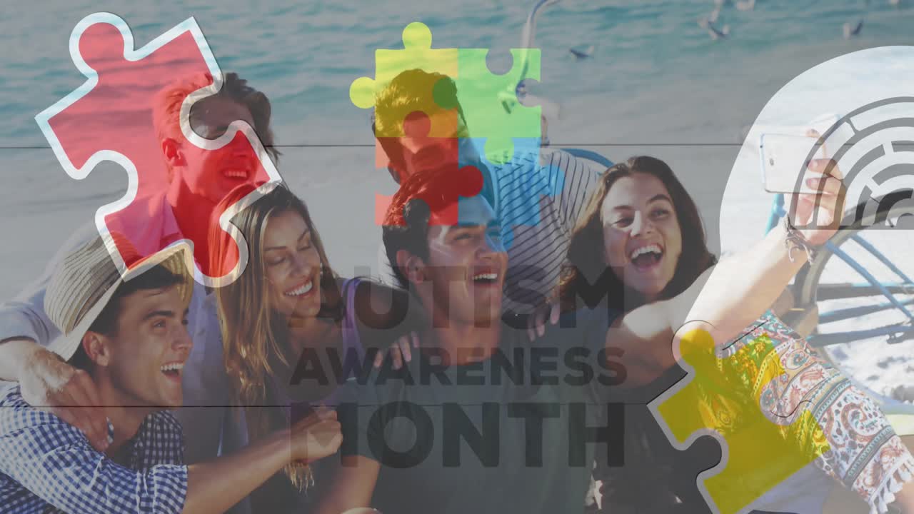 여름 해변 파티에서 행복한 친구들 위에 다채로운 퍼즐 조각과 자폐증 텍스트의 애니메이션