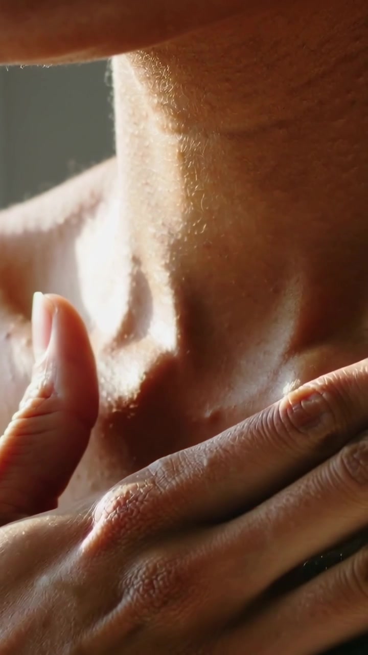 Video verticale: Mano destra che entra, donna che preme sulle clavicole scoperte a casa, mostrando un neo