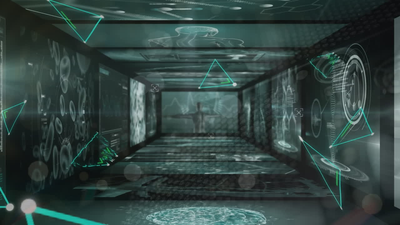 여러 스크린에서 의료 데이터 처리를 통해 네온 삼각형 모양의 애니메이션