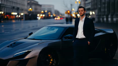 man in a suit standing next to a luxury sports car on a city street at night