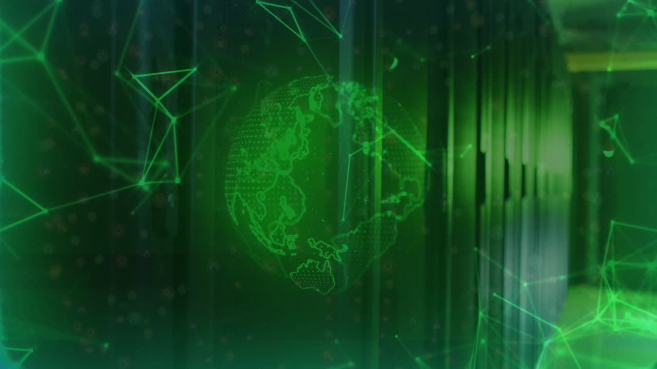 Animation of green digital globe and network connections in data center server racks