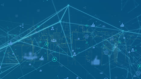 Animation-of-network-of-connections-over-digital-city-on-blue-background