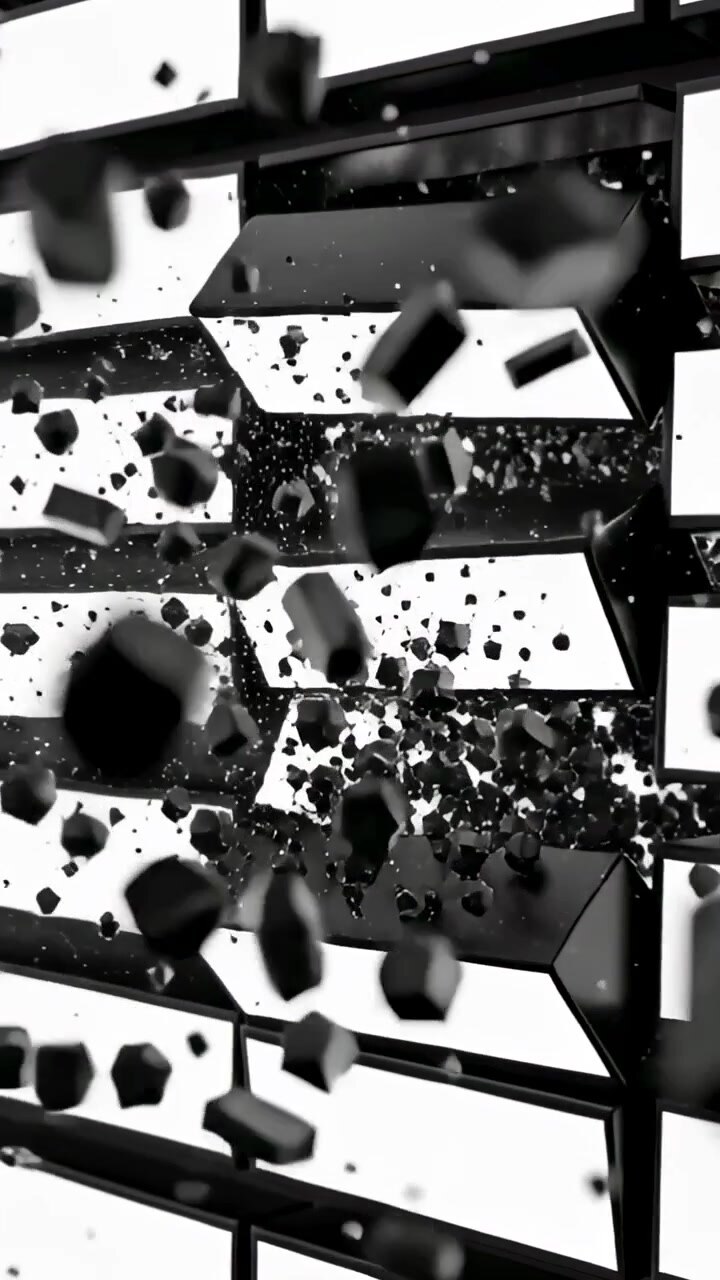 Video verticale: Cluster centrale che impatta e si frattura, espellendo frammenti scuri attraverso una griglia luminosa.
