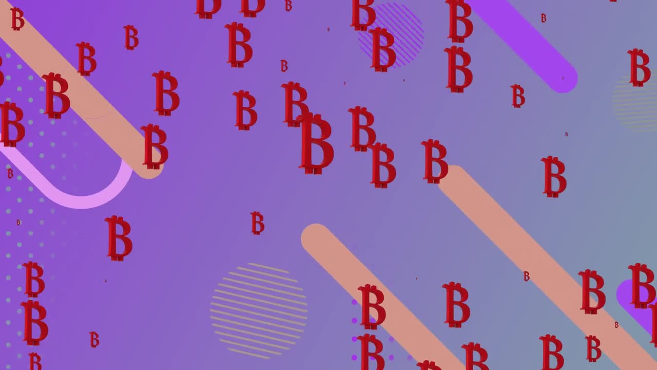 Animation of red bitcoin symbols pulsing over moving shapes on purple background
