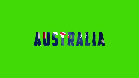 australia country wiggle text animation lettering with her waving flag blend in as a texture - green screen background chroma key loopable video